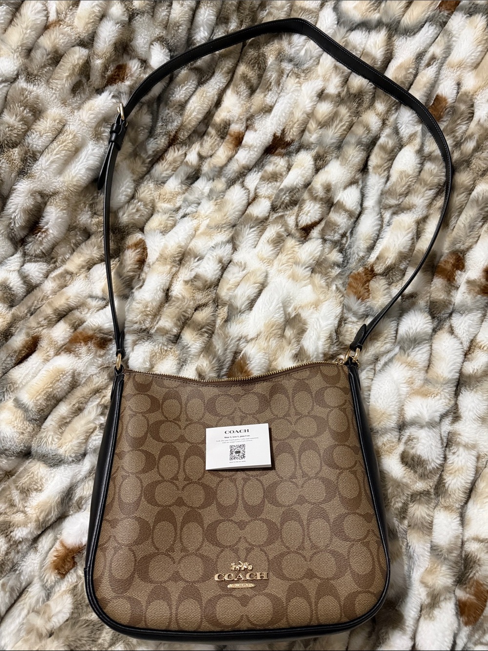Coach Brown Signature Canvas Shoulder Bag with Black Trim